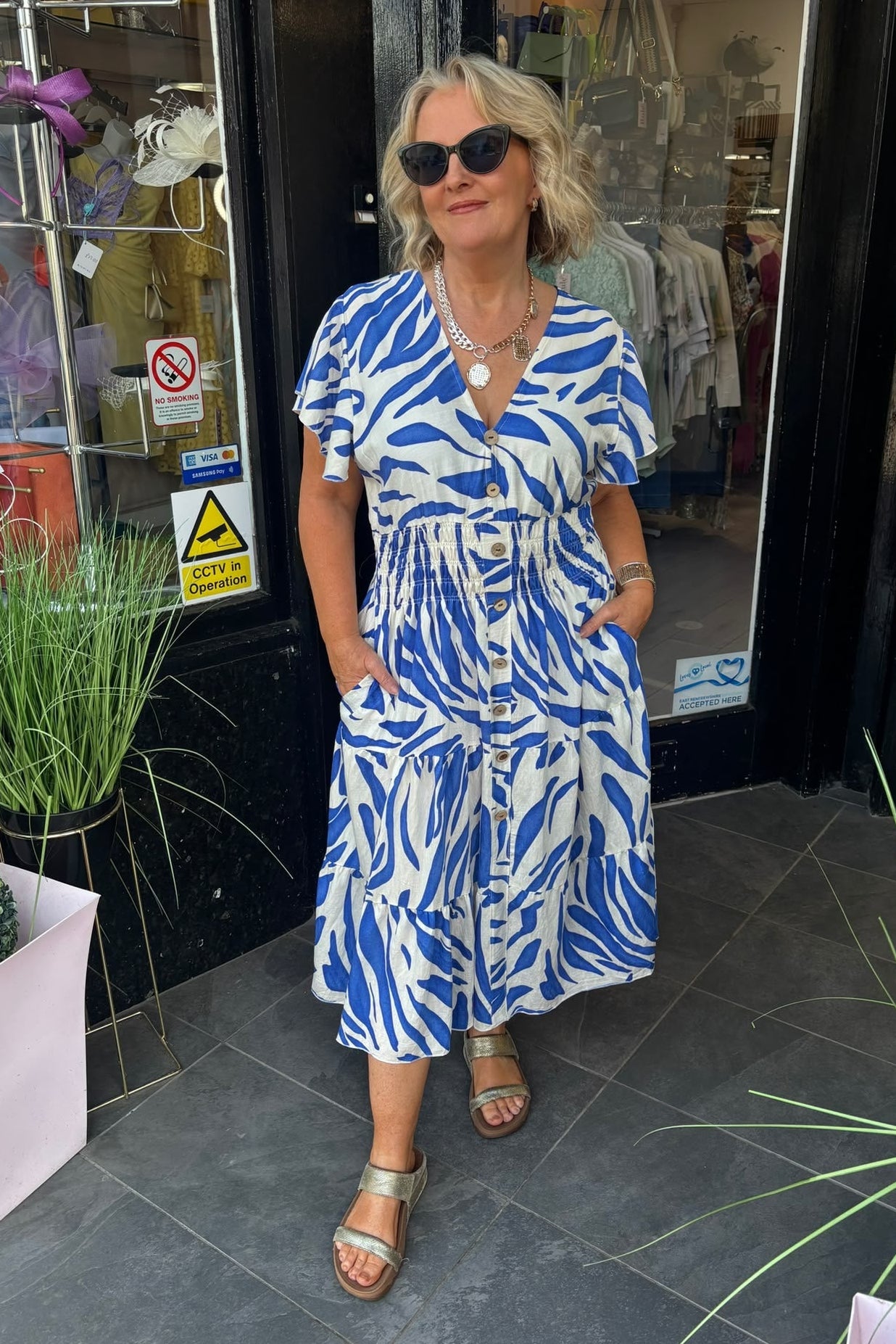 Royal Blue & Beige Animal Shirred Waist Midi Summer Dress