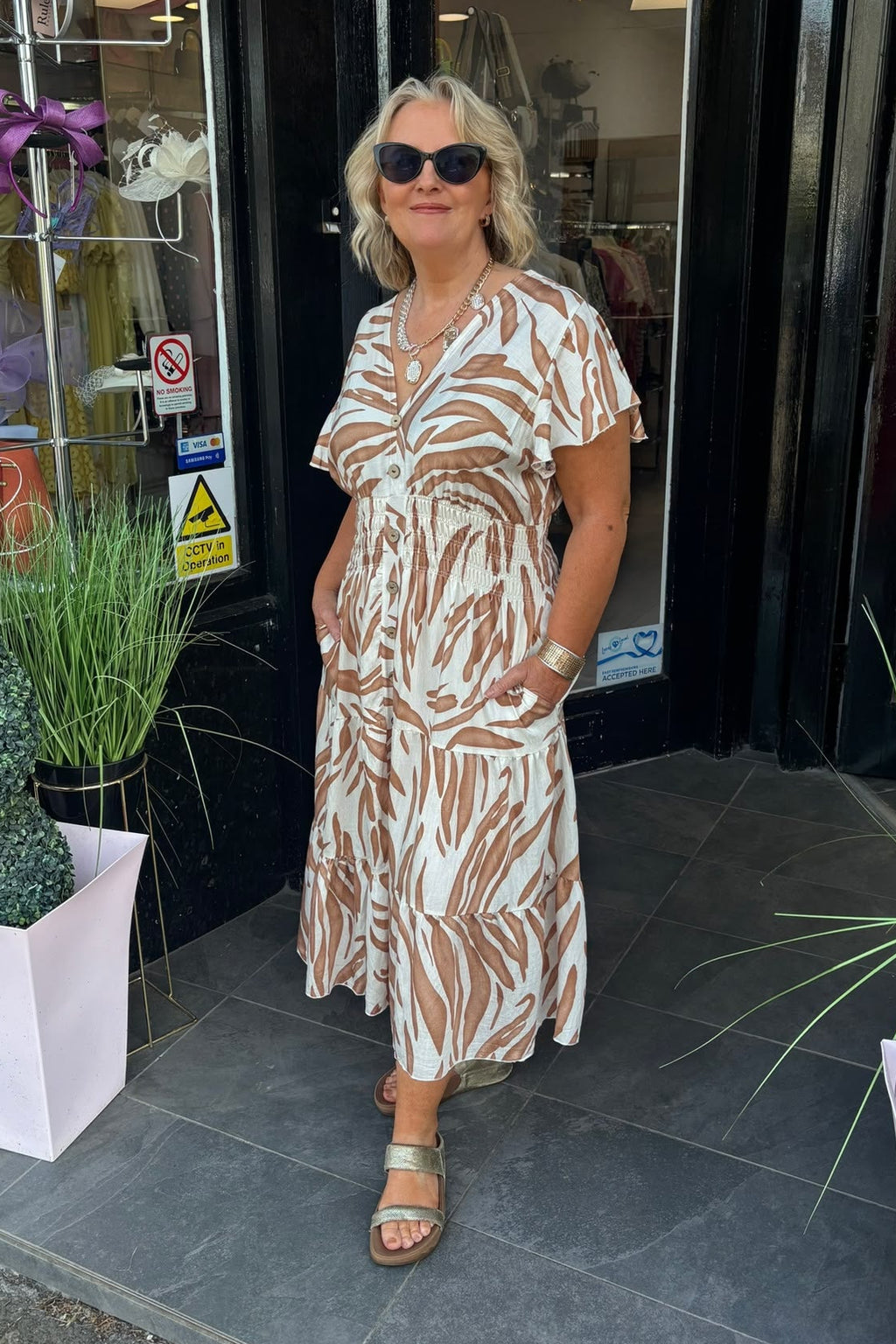 Camel & Beige Animal Shirred Waist Midi Summer Dress