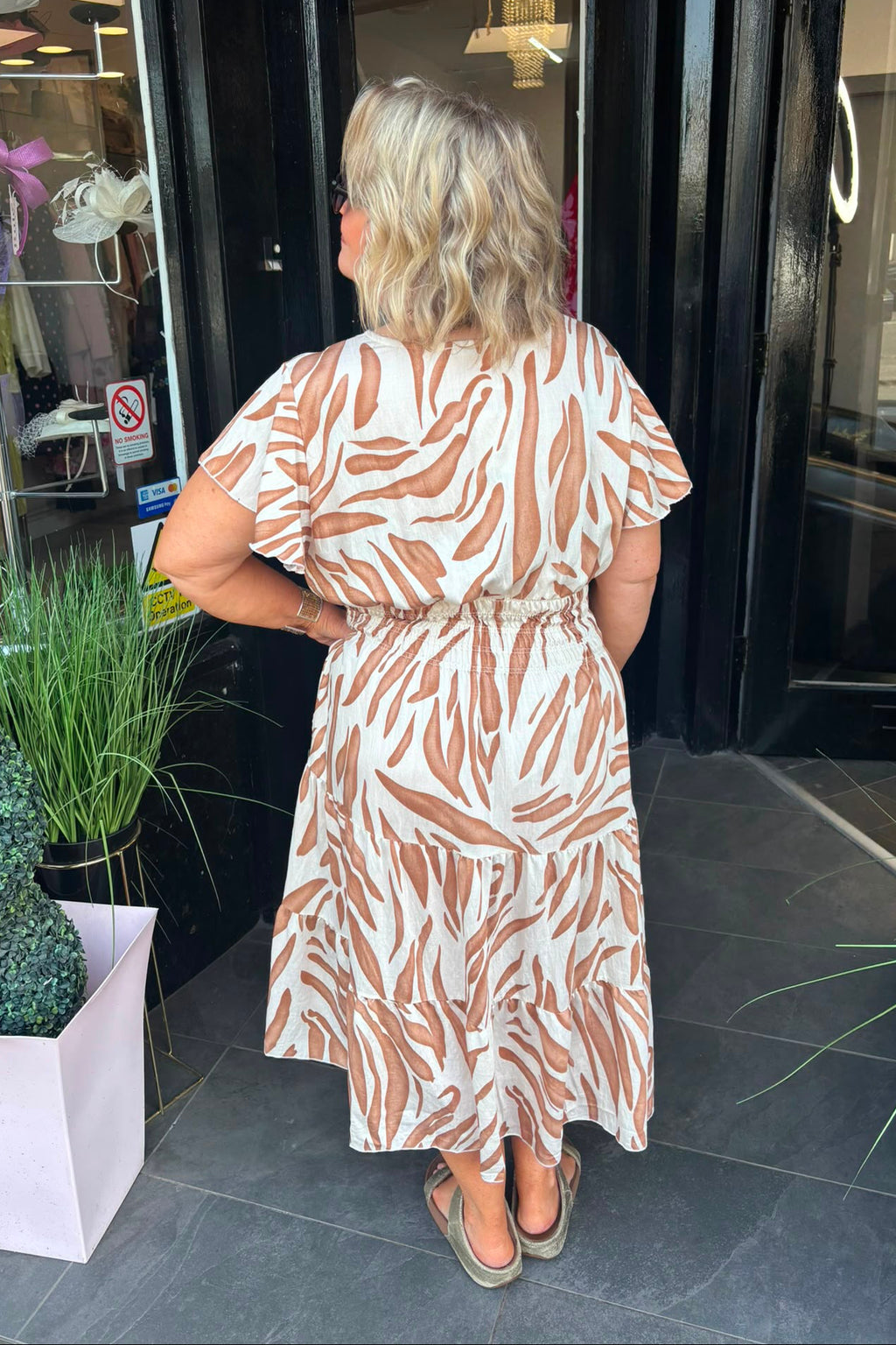 Camel & Beige Animal Shirred Waist Midi Summer Dress