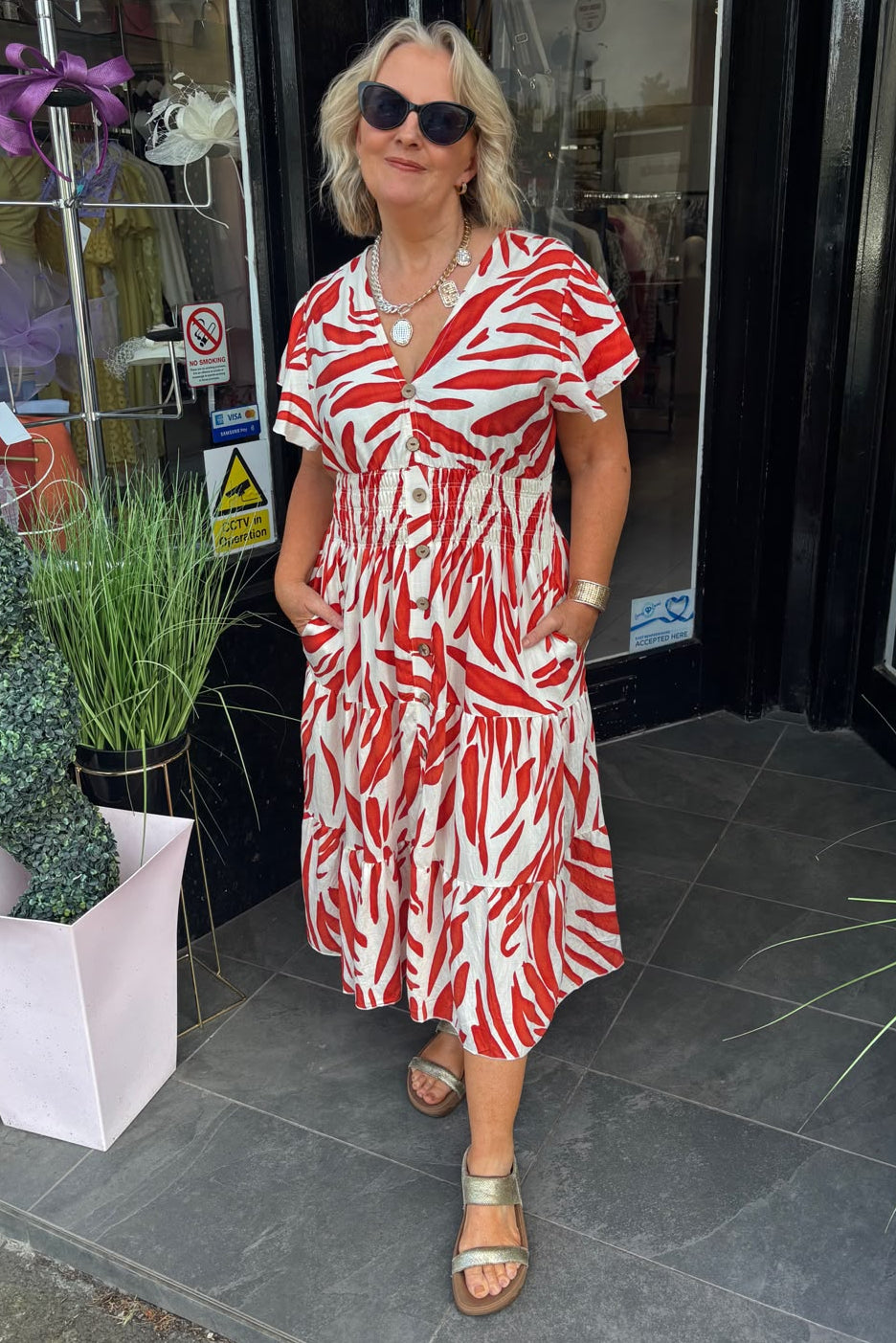 Red & Beige Animal Shirred Waist Midi Summer Dress