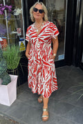 Red & Beige Animal Shirred Waist Midi Summer Dress
