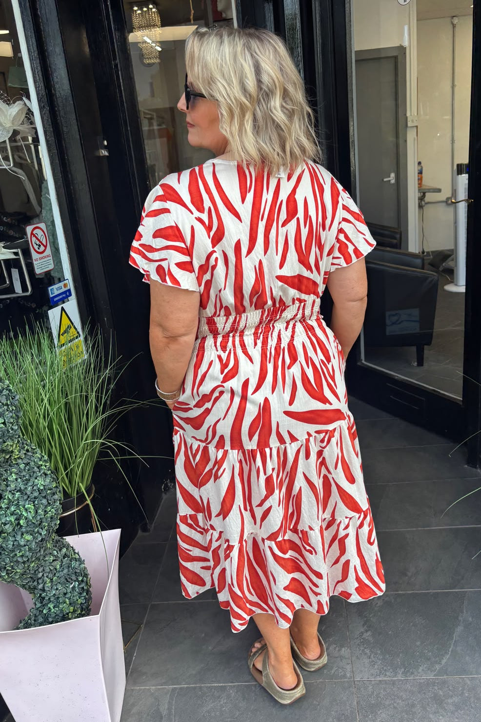 Red & Beige Animal Shirred Waist Midi Summer Dress