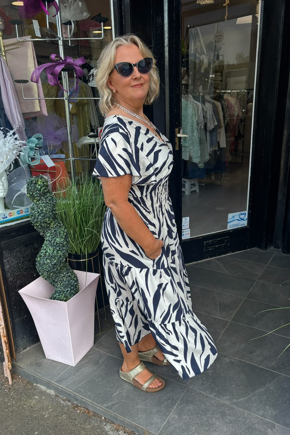 Navy Blue & Beige Animal Shirred Waist Midi Summer Dress