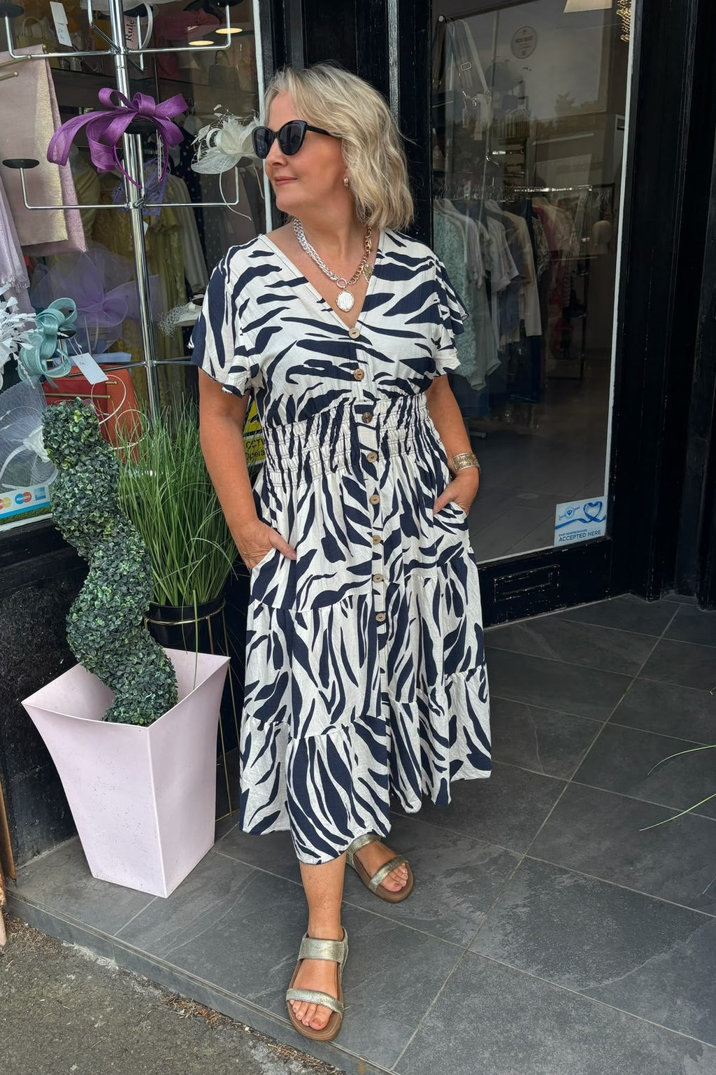 Navy Blue & Beige Animal Shirred Waist Midi Summer Dress