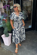 Navy Blue & Beige Animal Shirred Waist Midi Summer Dress