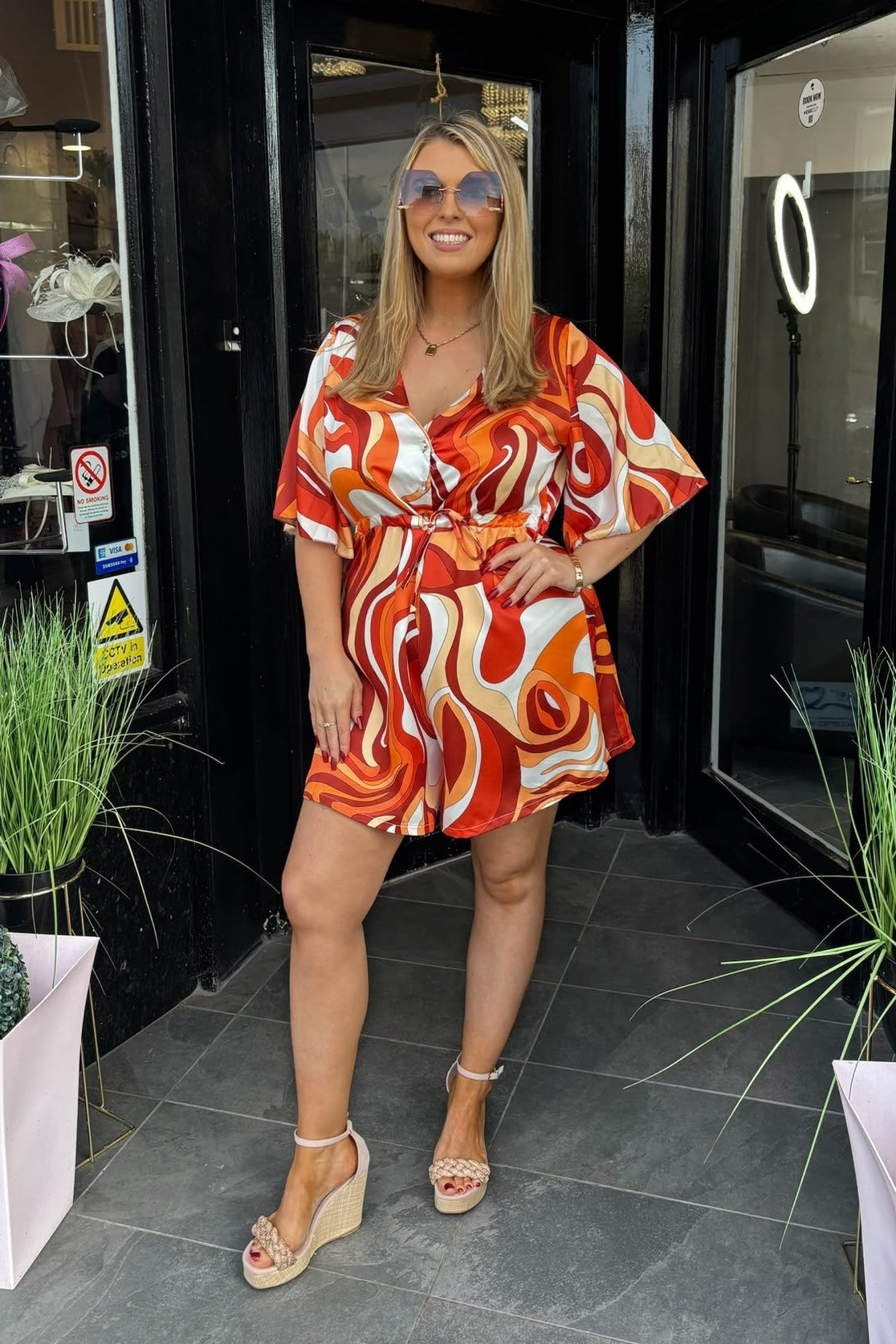 Mixed Orange Tone Pucci Print V Neck Playsuit