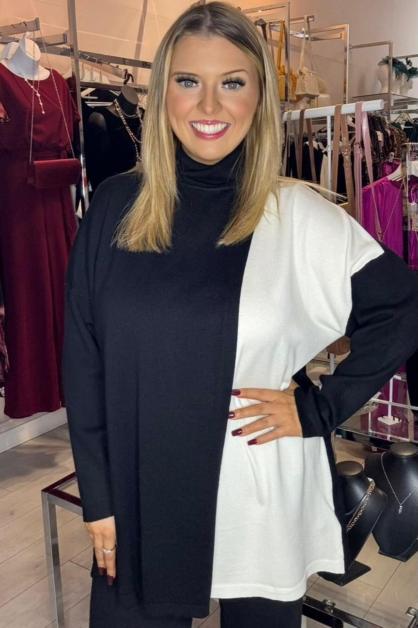 Pomodoro Black & Cream Overlap Two Tone Poncho Style Jumper