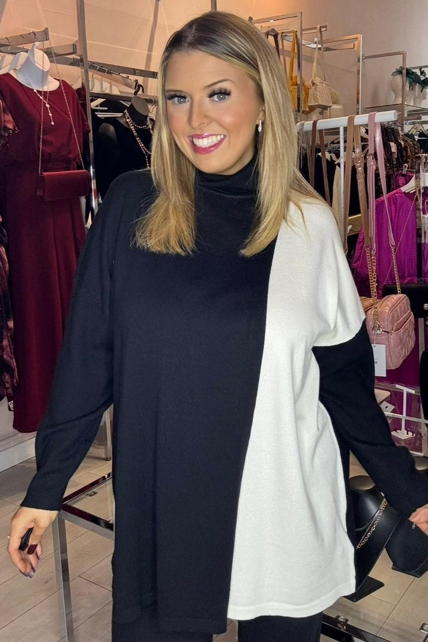 Pomodoro Black & Cream Overlap Two Tone Poncho Style Jumper