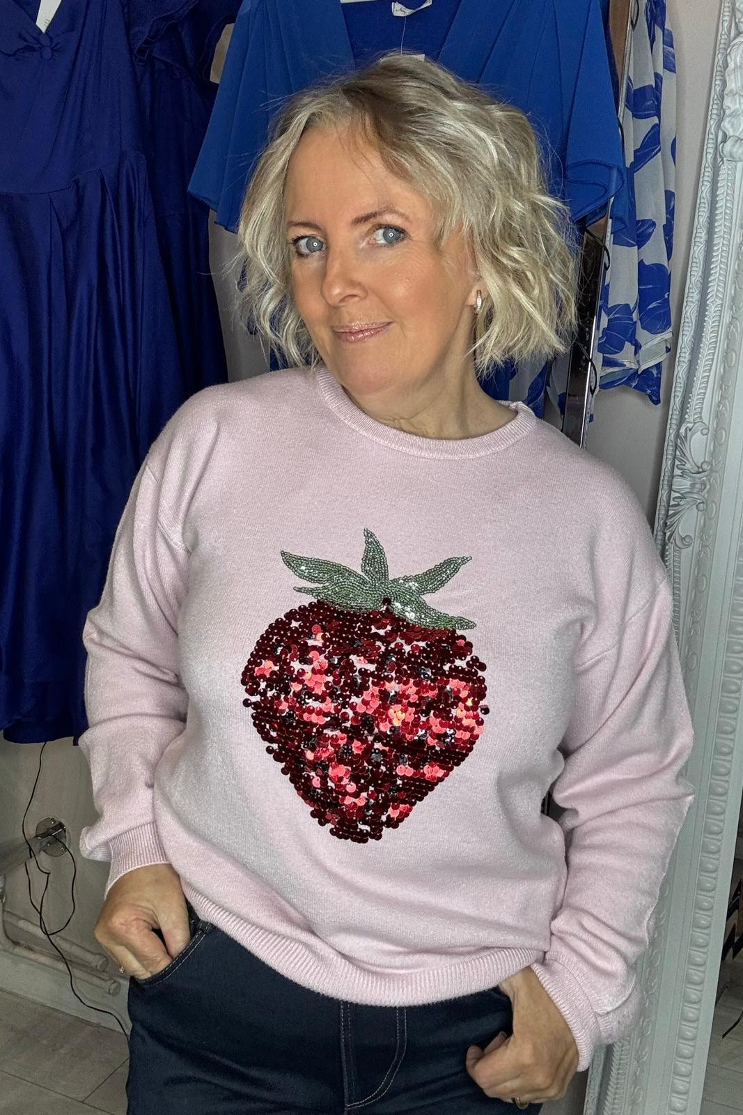 Pink & Red Stawberry Embellished Sequin Jumper
