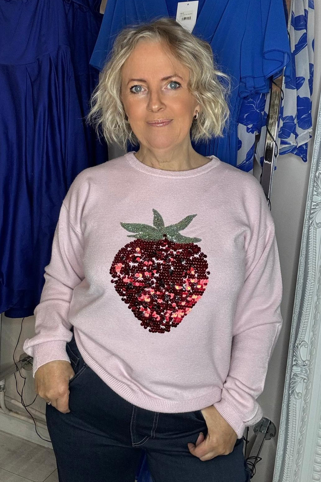 Pink & Red Stawberry Embellished Sequin Jumper