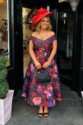 Mixed Purple & Red Tone Floral Bardot A-line Black Midi Dress