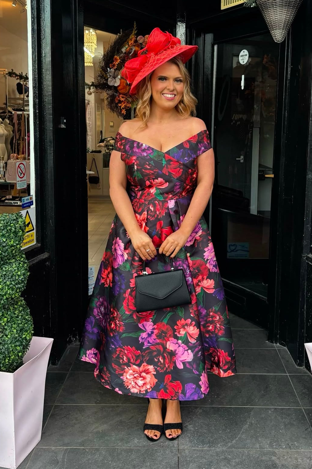 Mixed Purple & Red Tone Floral Bardot A-line Black Midi Dress