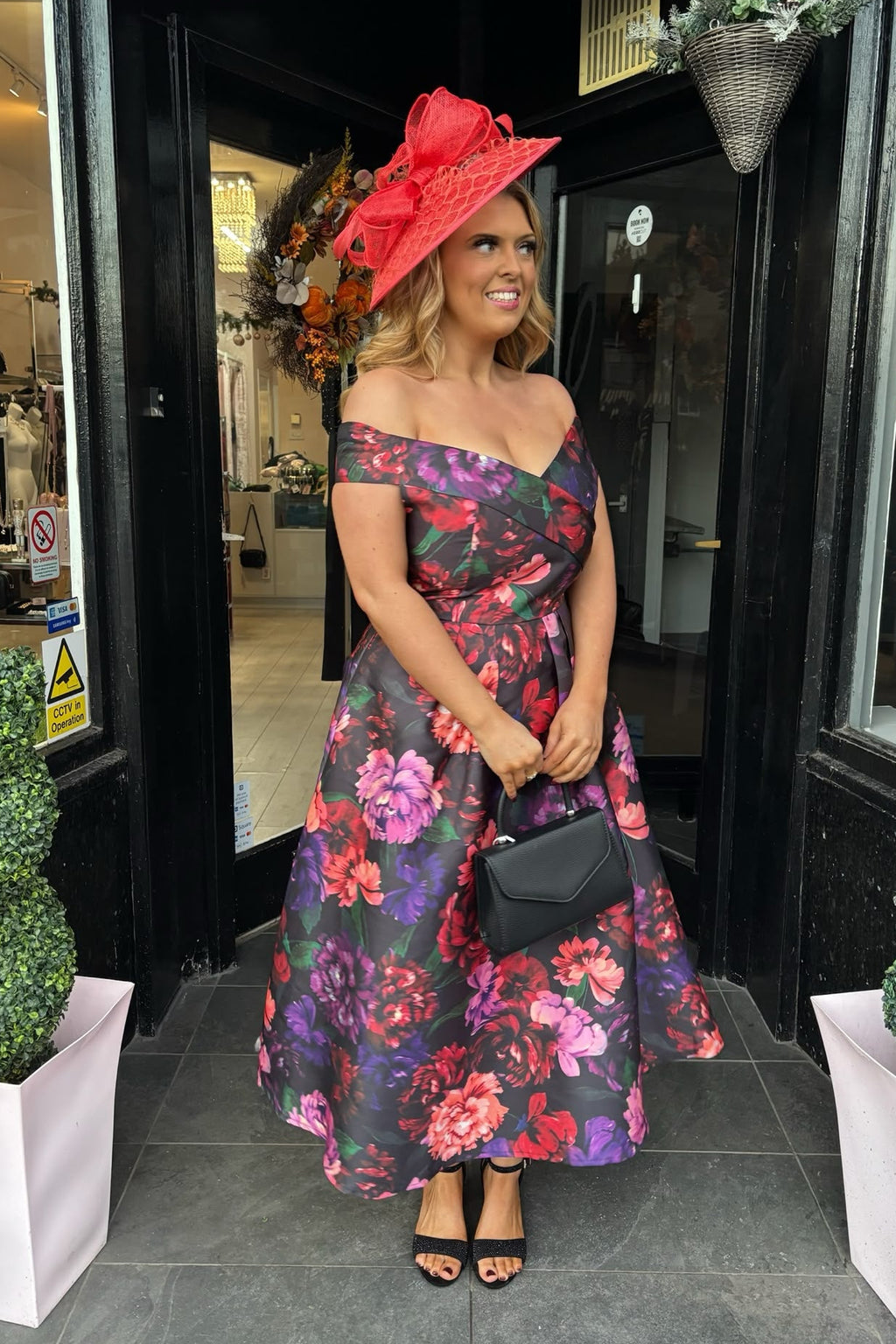 Mixed Purple & Red Tone Floral Bardot A-line Black Midi Dress