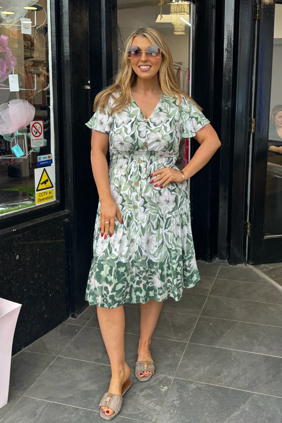 Mixed Green Tone Floral & Neutral Shirred Waist Midi Summer Dress