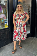 Mixed Red & Gold Lurex Floral Shirred Waist Midi Summer Dress