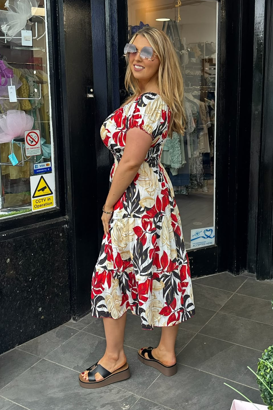 Mixed Red & Gold Lurex Floral Shirred Waist Midi Summer Dress
