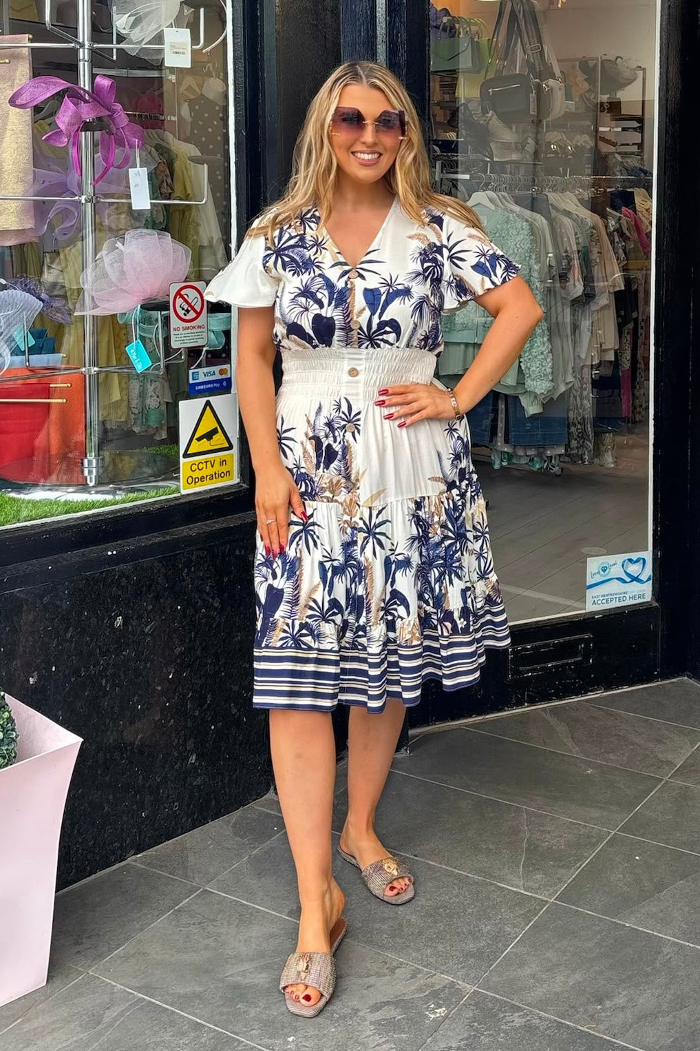 Navy Blue & Beige Tropical Palm Shirred Waist Midi Summer Dress