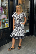 Black & White Tropical Shirred Waist Midi Summer Dress