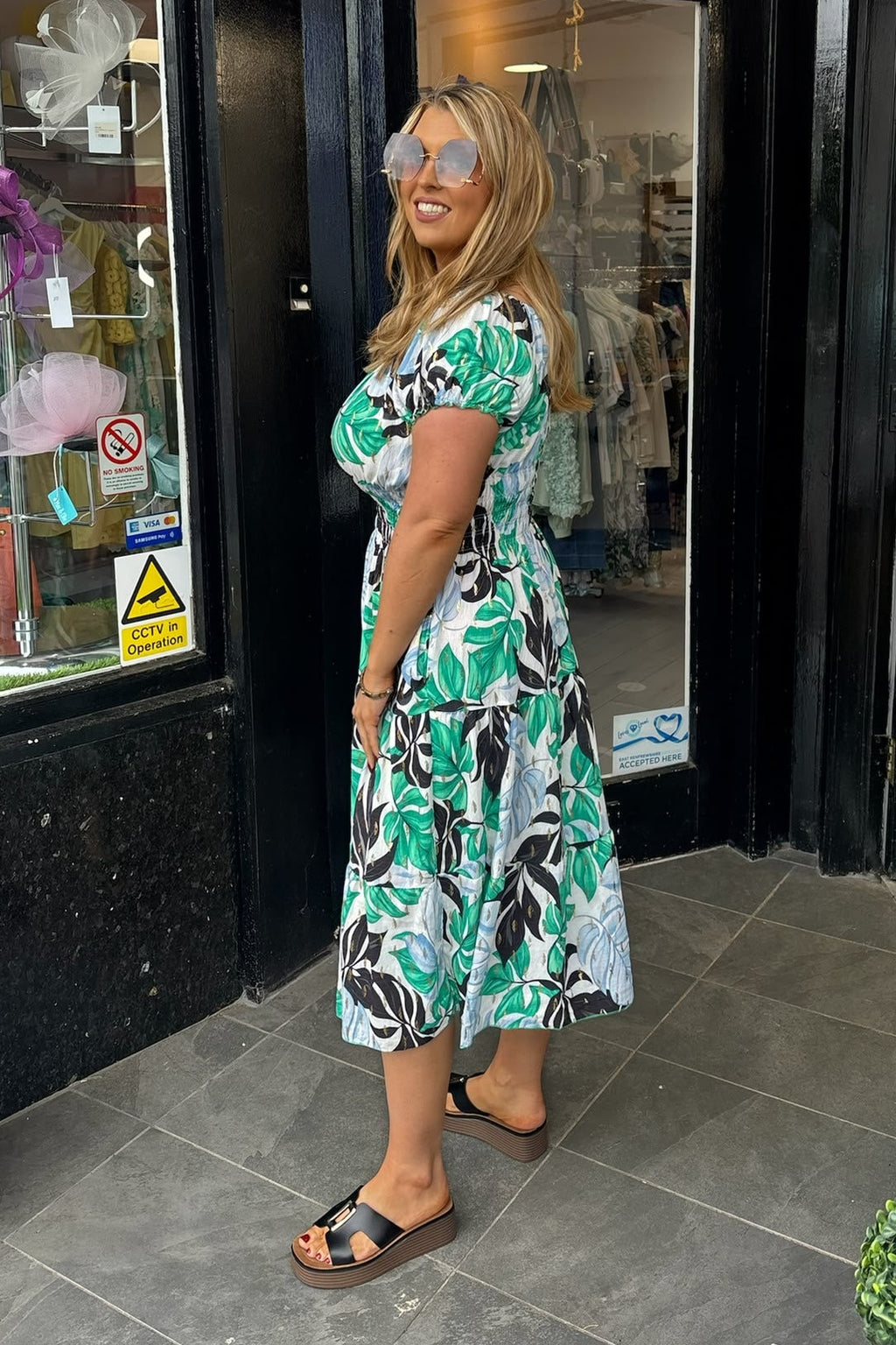 Mixed Green Tone & Gold Lurex Floral Shirred Waist Midi Summer Dress