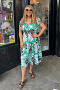 Mixed Green Tone & Gold Lurex Floral Shirred Waist Midi Summer Dress