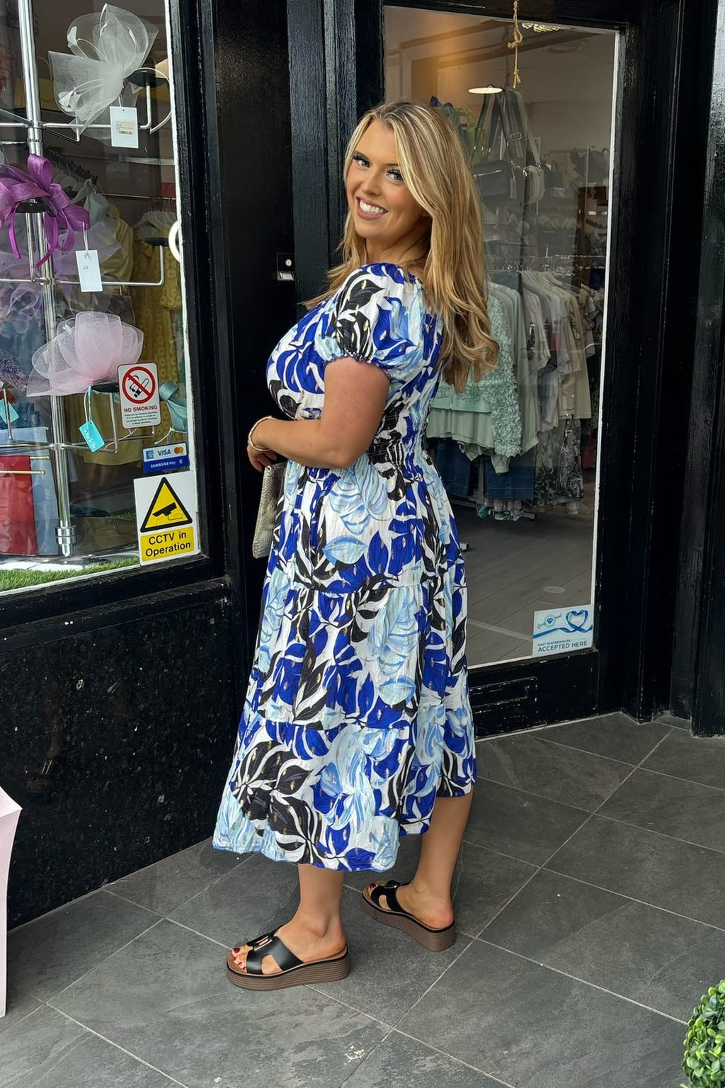 Mixed Blue Tone & Gold Lurex Floral Shirred Waist Midi Summer Dress