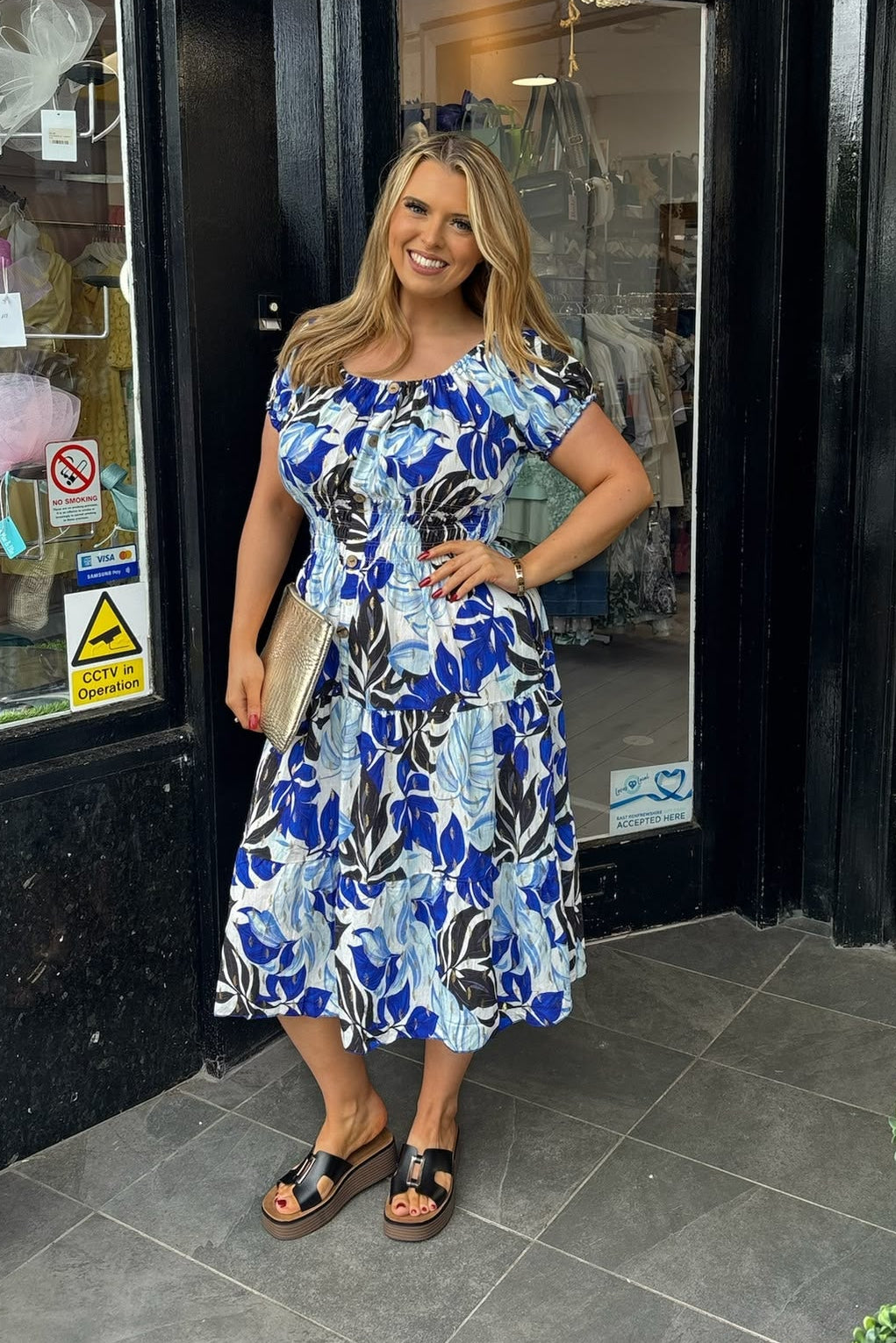 Mixed Blue Tone & Gold Lurex Floral Shirred Waist Midi Summer Dress