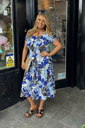 Mixed Blue Tone & Gold Lurex Floral Shirred Waist Midi Summer Dress