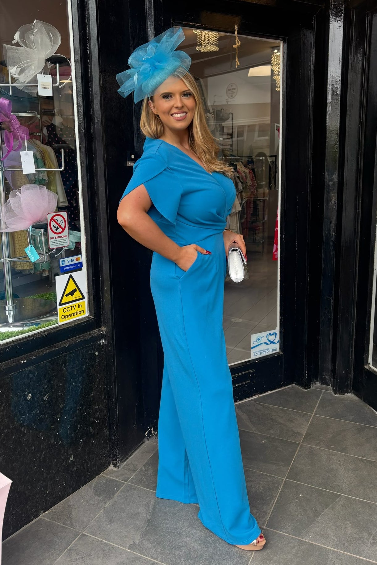 Cyan Blue Twist Front Wide Leg Jumpsuit