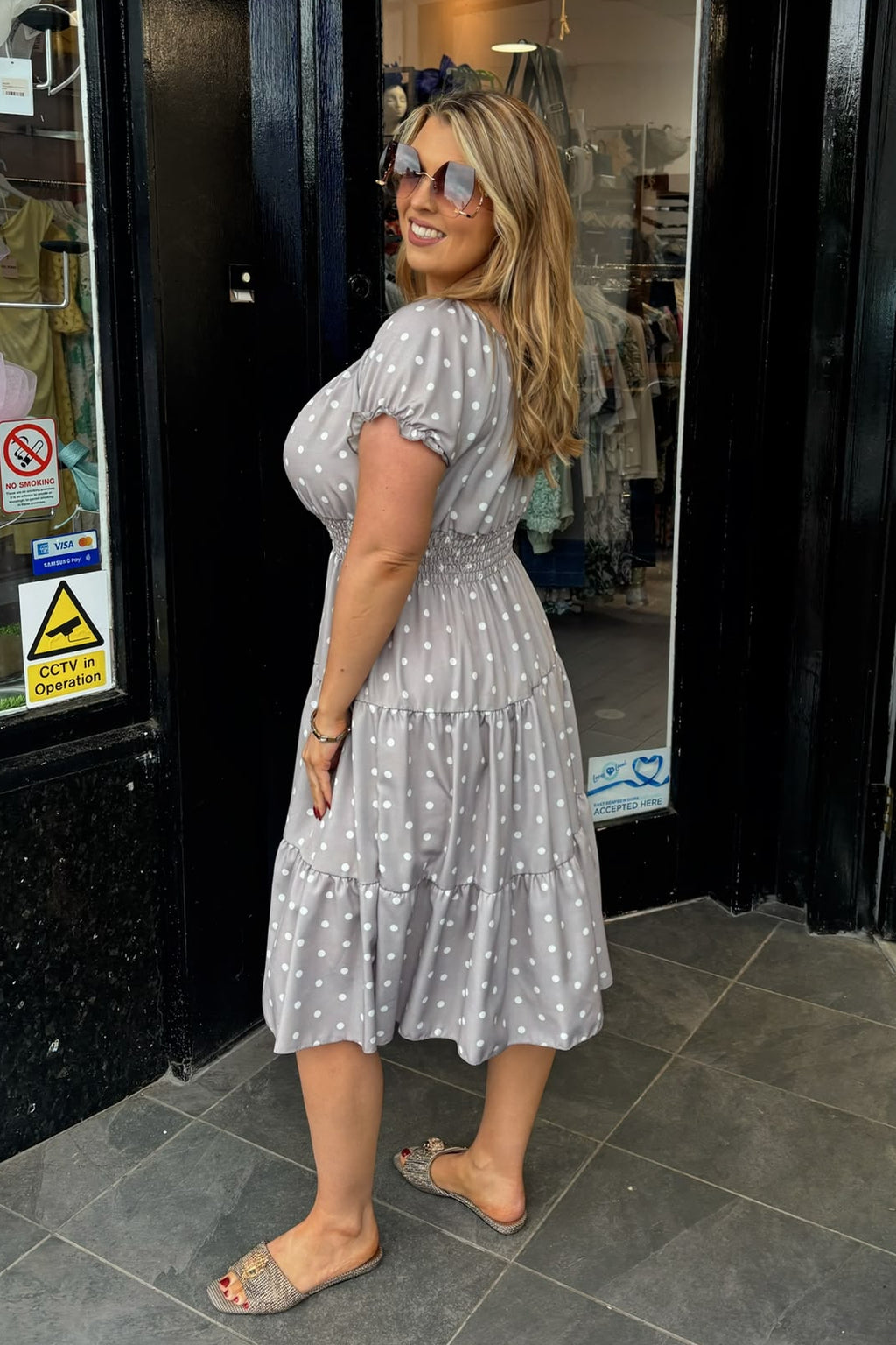 Taupe & White Polka Dot Shirred Waist Midi Summer Dress