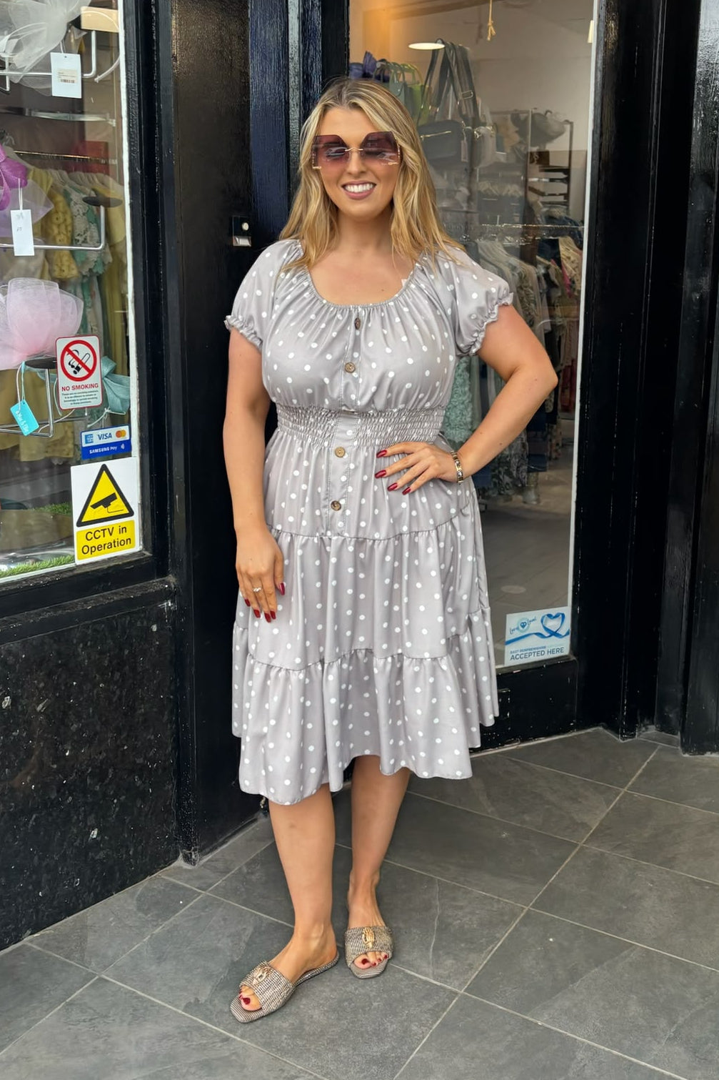 Taupe & White Polka Dot Shirred Waist Midi Summer Dress