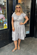 Taupe & White Polka Dot Shirred Waist Midi Summer Dress
