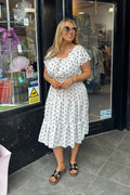 White & Black Polka Dot Shirred Waist Midi Summer Dress