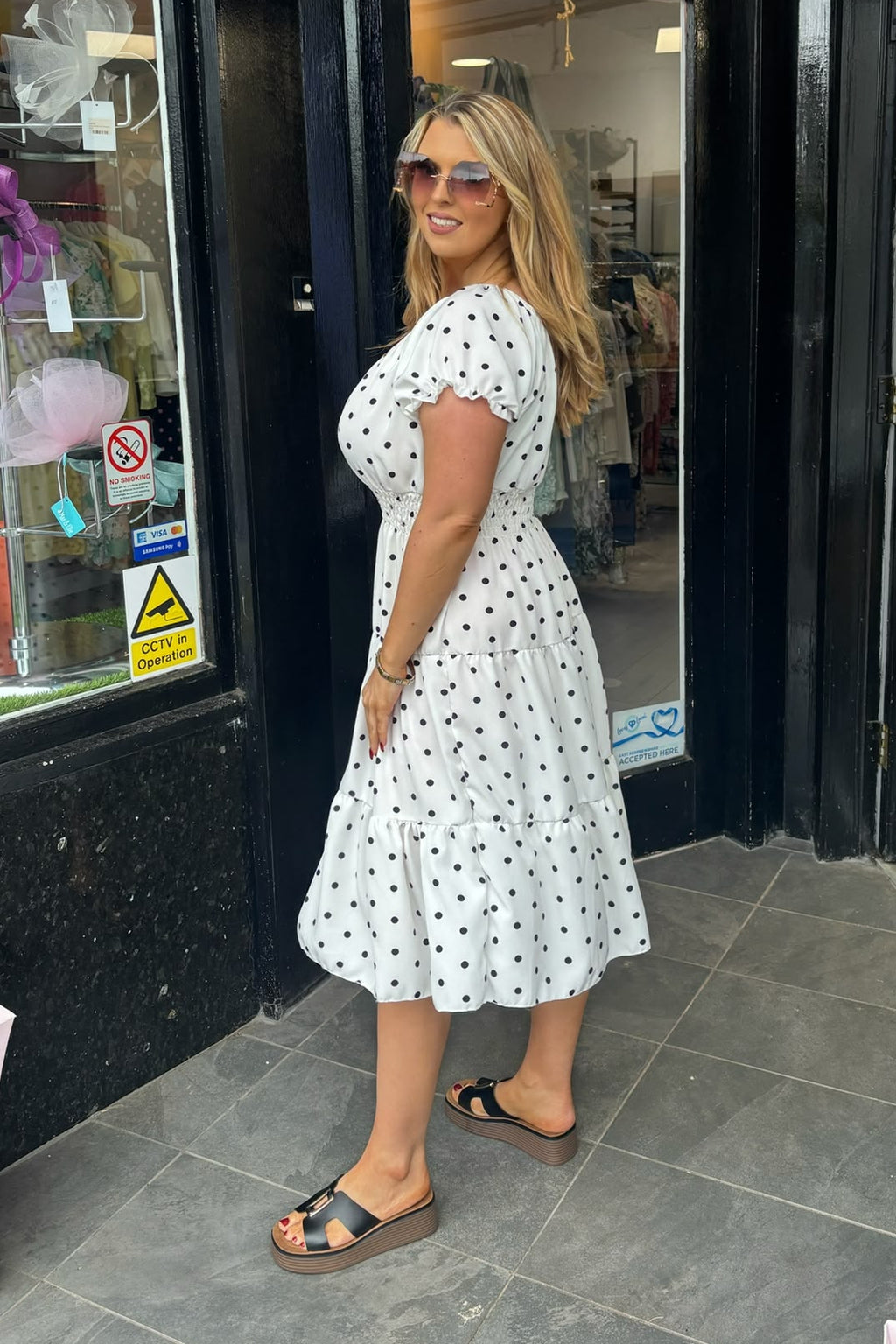 White & Black Polka Dot Shirred Waist Midi Summer Dress
