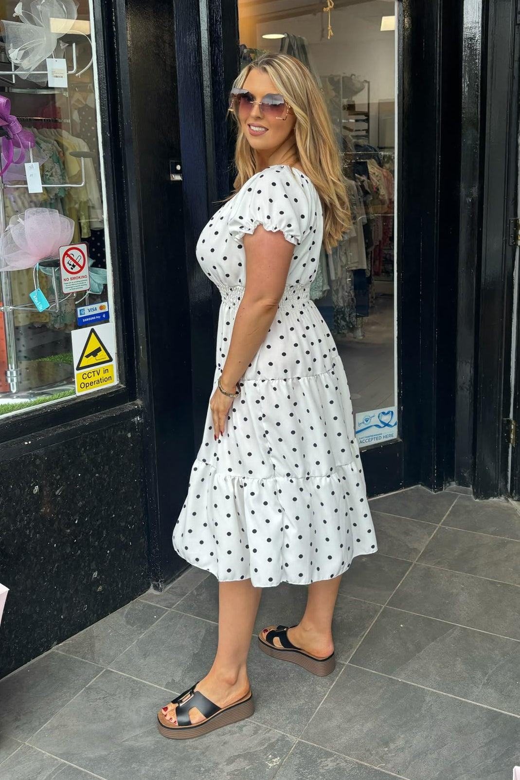 White & Black Polka Dot Shirred Waist Midi Summer Dress