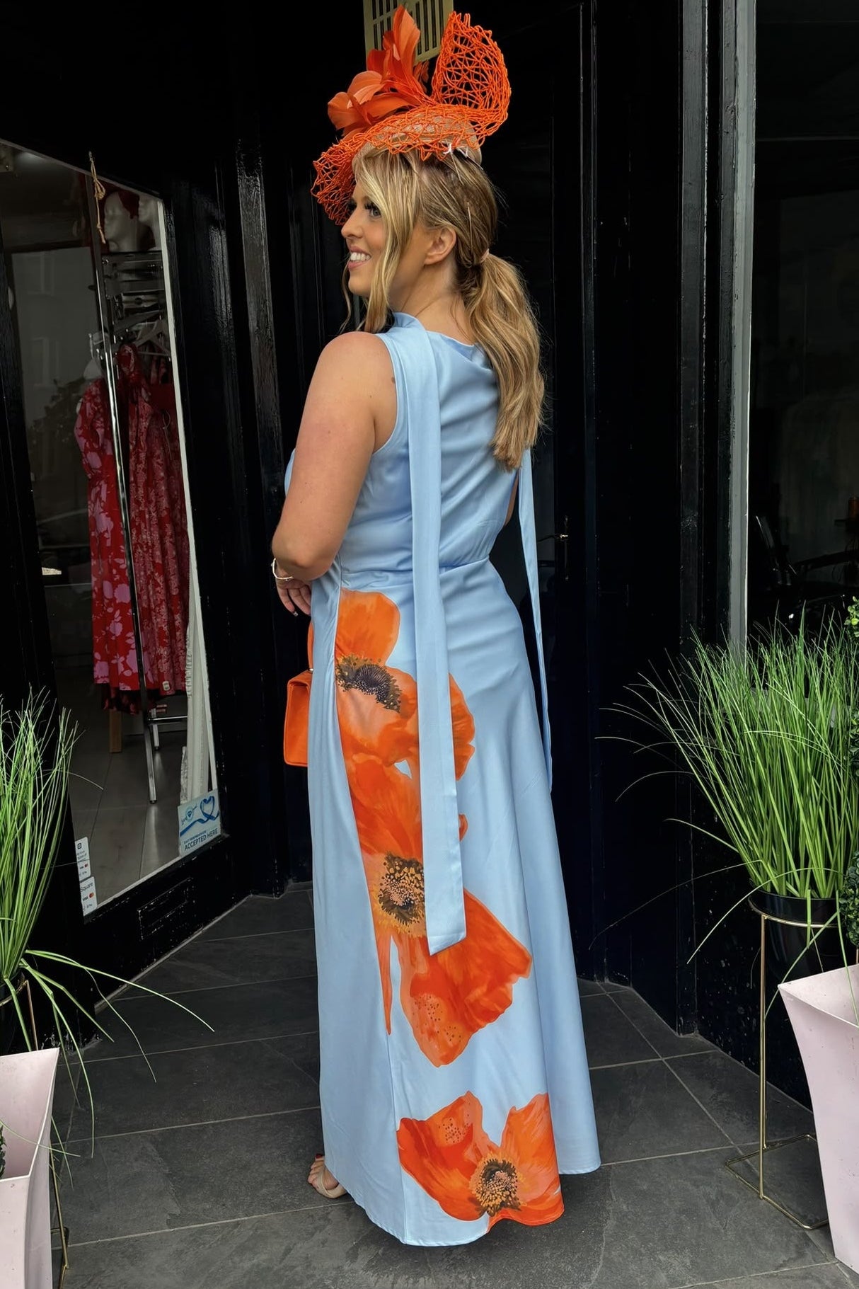 Blue & Orange Floral Cowl Neck Maxi Dress with Scarf