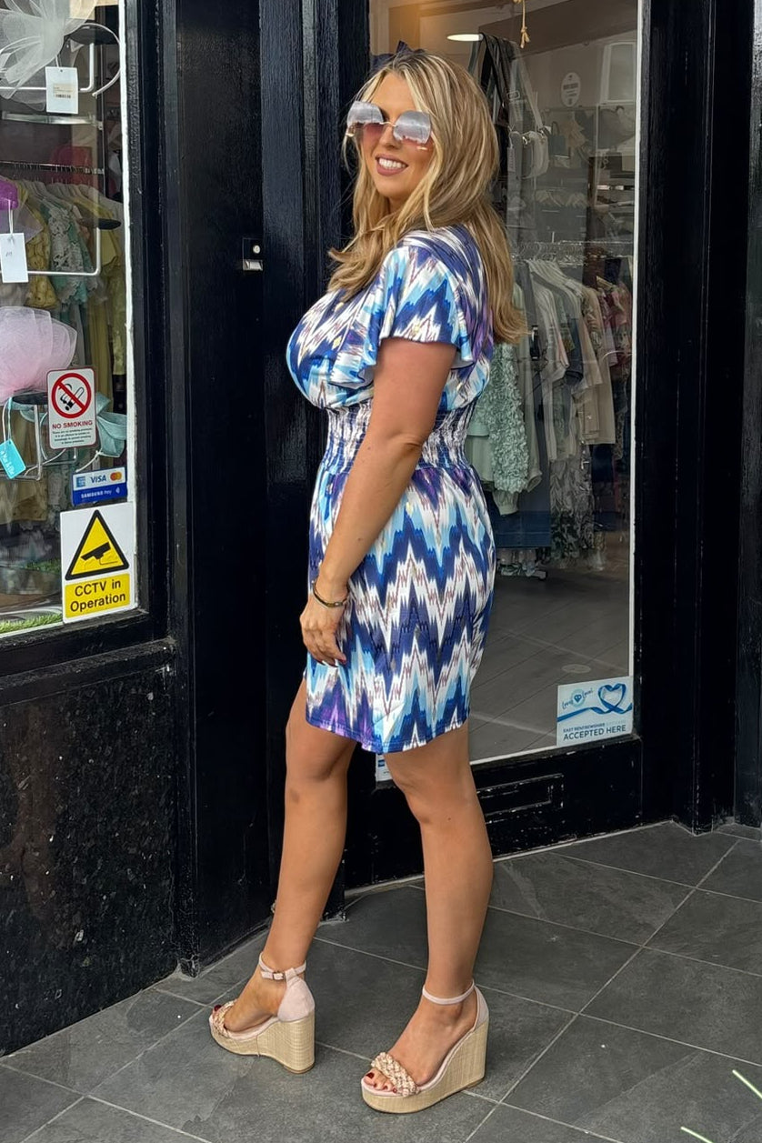 Mixed Blue Tone Abstract Shirred Waist Summer Playsuit