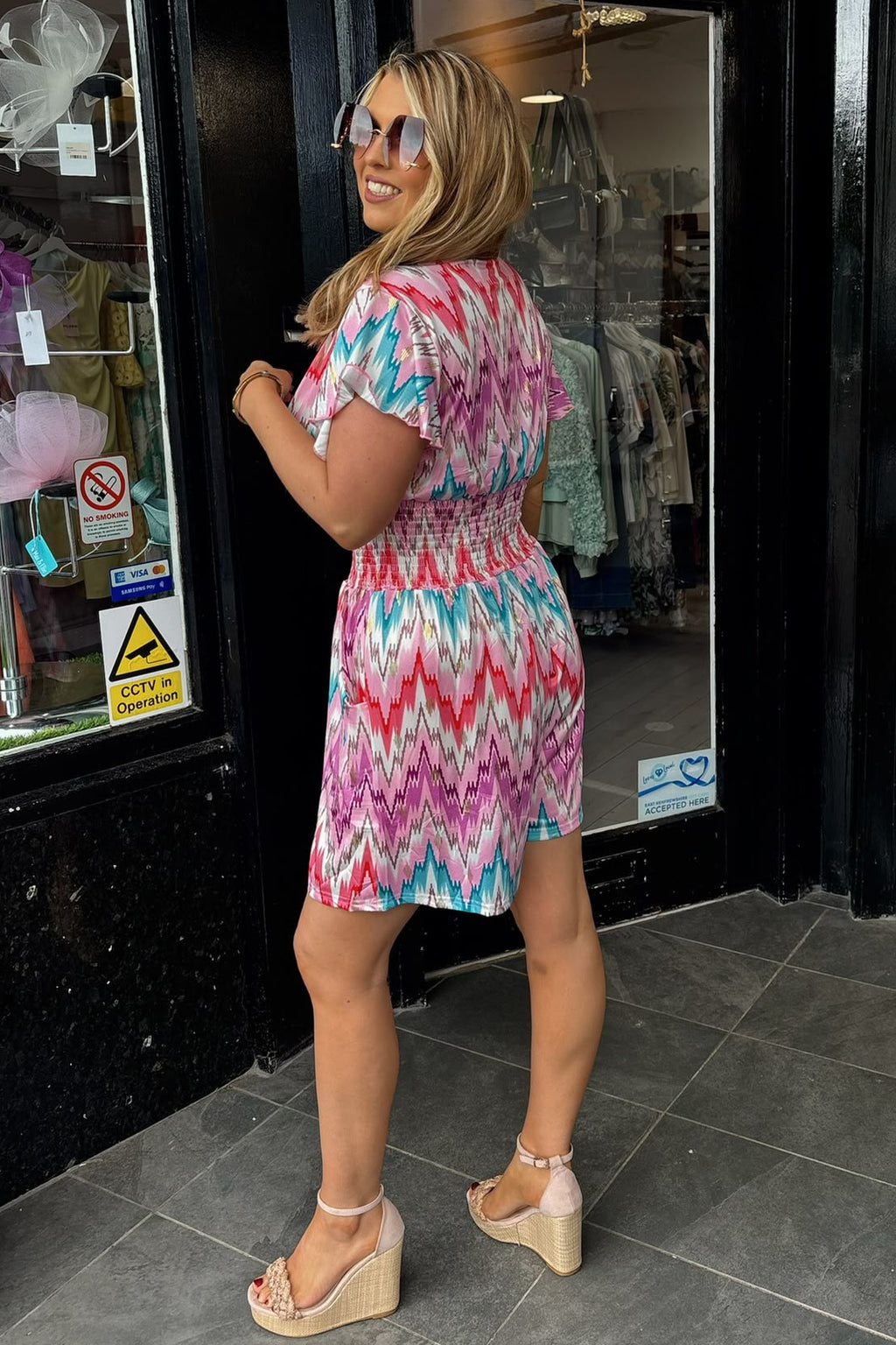Mixed Pink Tone Abstract Shirred Waist Summer Playsuit
