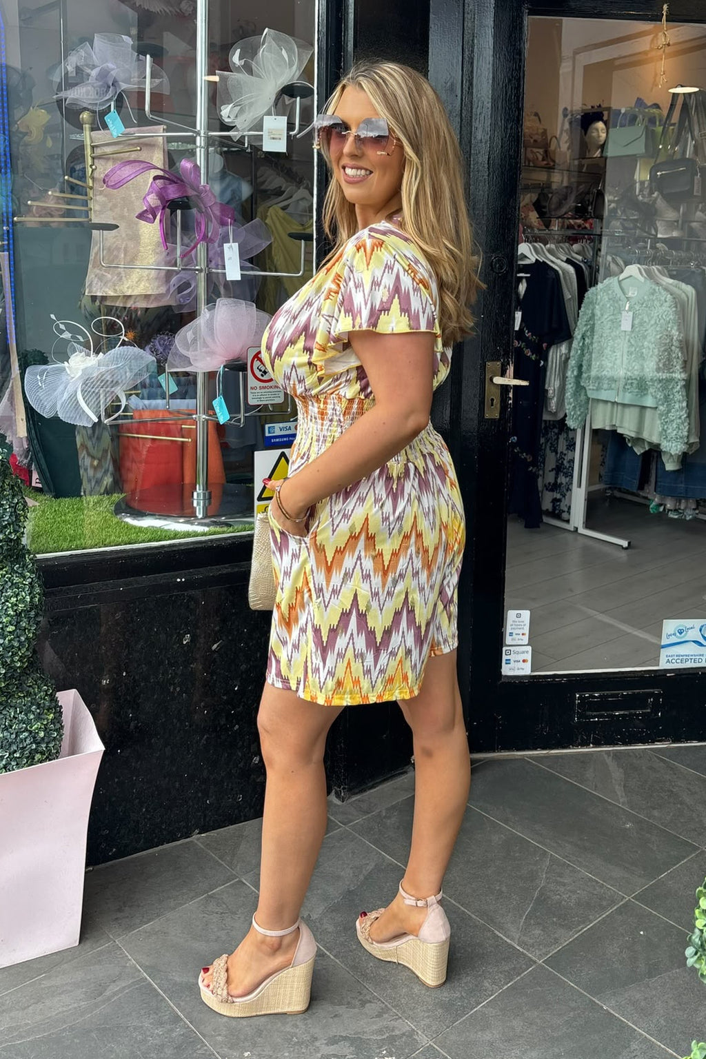 Mixed Yellow Tone Abstract Shirred Waist Summer Playsuit