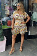 Mixed Yellow Tone Abstract Shirred Waist Summer Playsuit