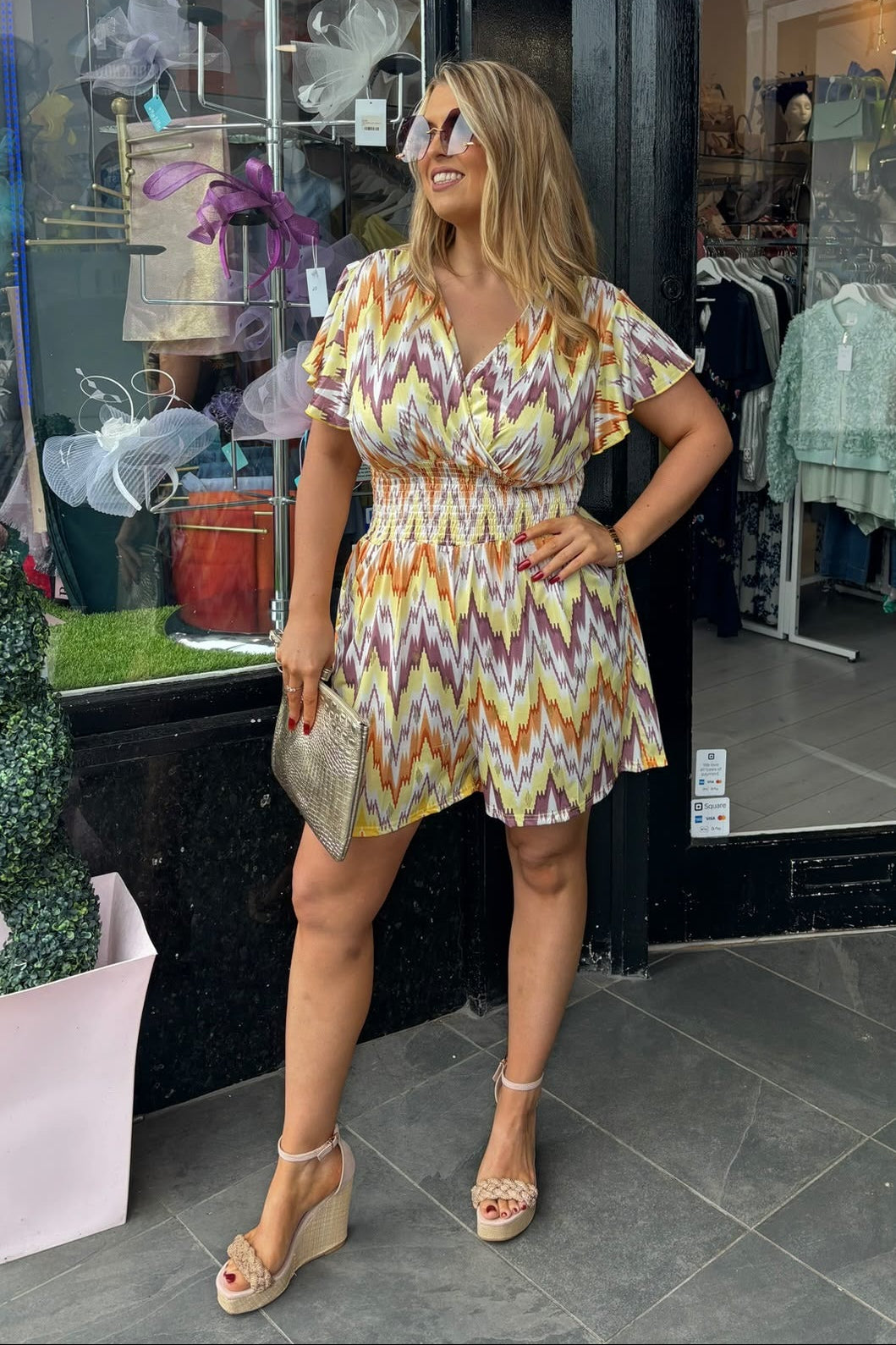 Mixed Yellow Tone Abstract Shirred Waist Summer Playsuit