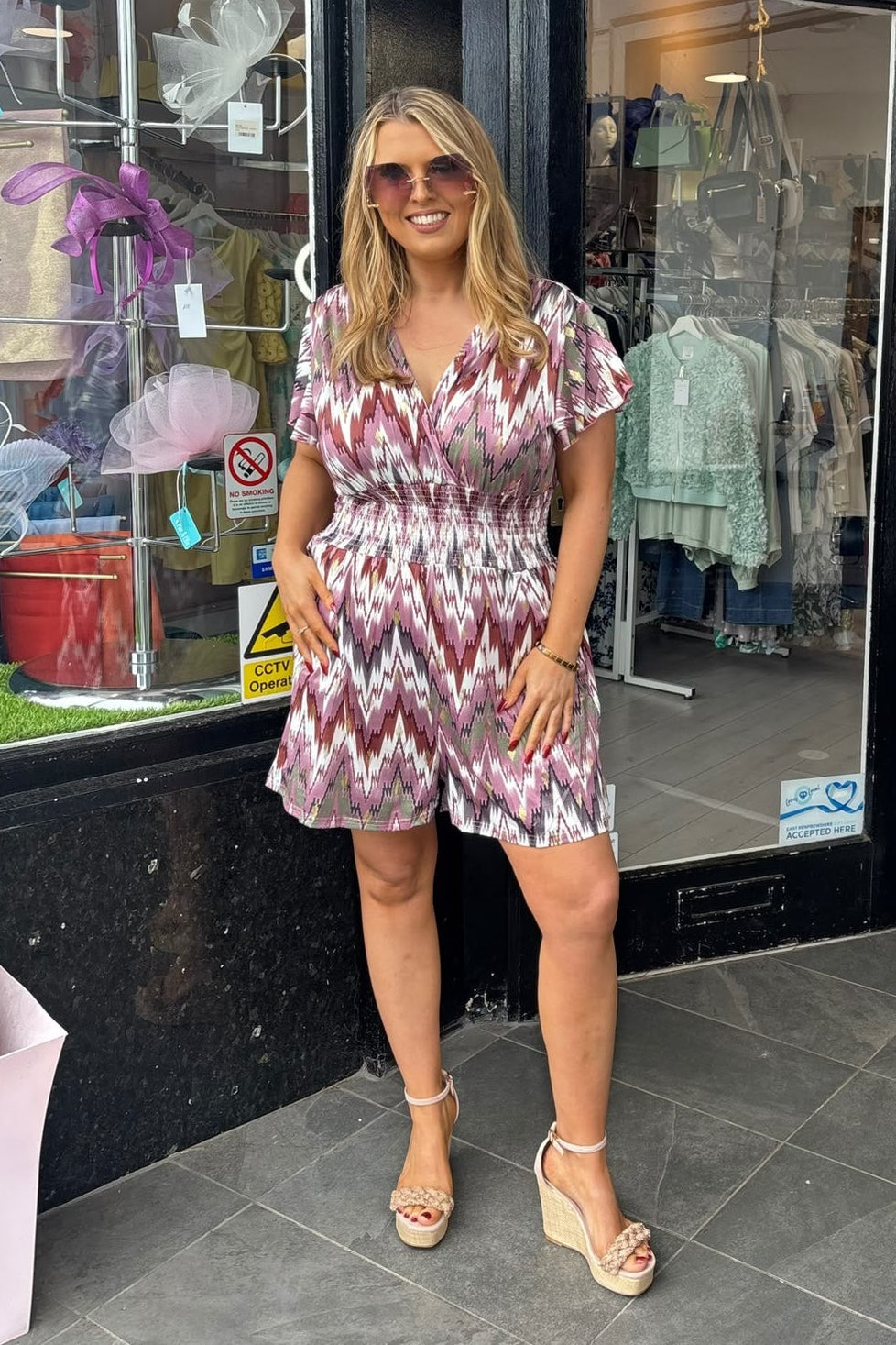 Mixed Mauve & Purple Tone Abstract Shirred Waist Summer Playsuit