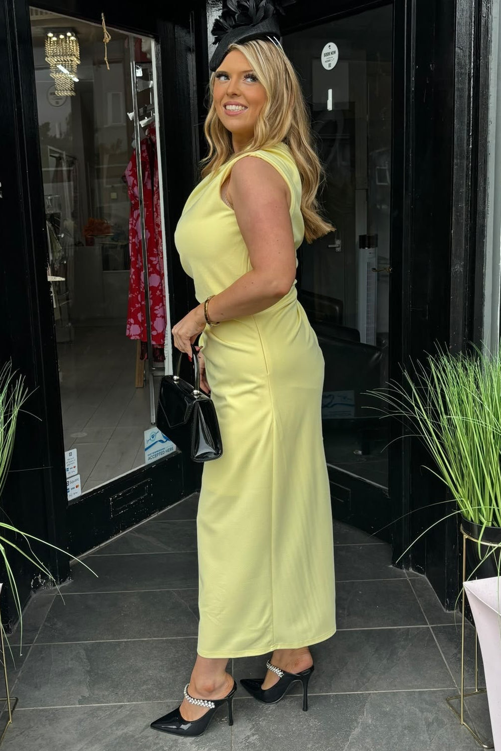 Lemon Yellow Asymmetric Pencil Midi Occasion Dress