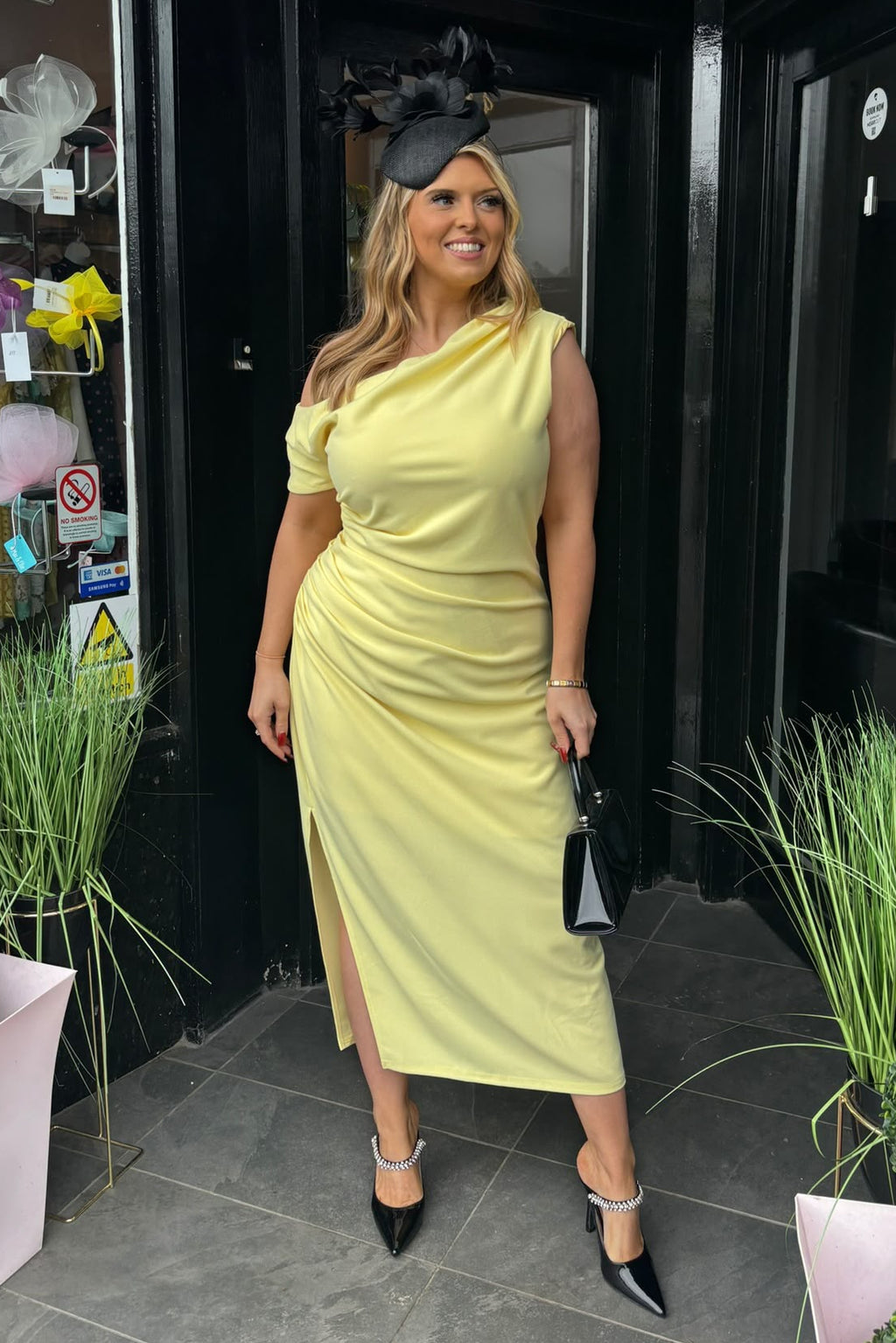 Lemon Yellow Asymmetric Pencil Midi Occasion Dress