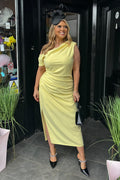 Lemon Yellow Asymmetric Pencil Midi Occasion Dress