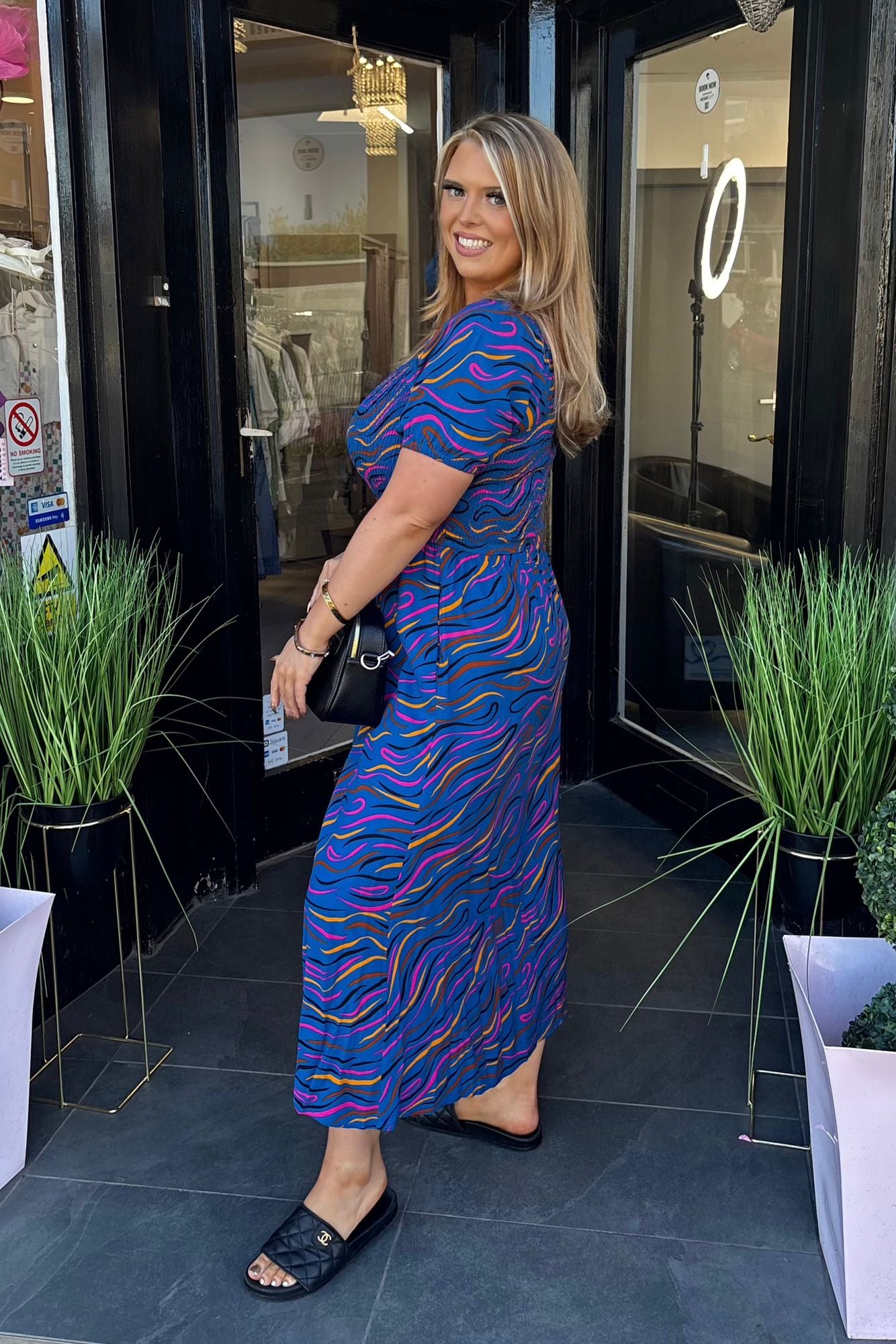 Sugarhill Brighton Mixed Blue & Pink Multi Abstract Shirred Midi Dress