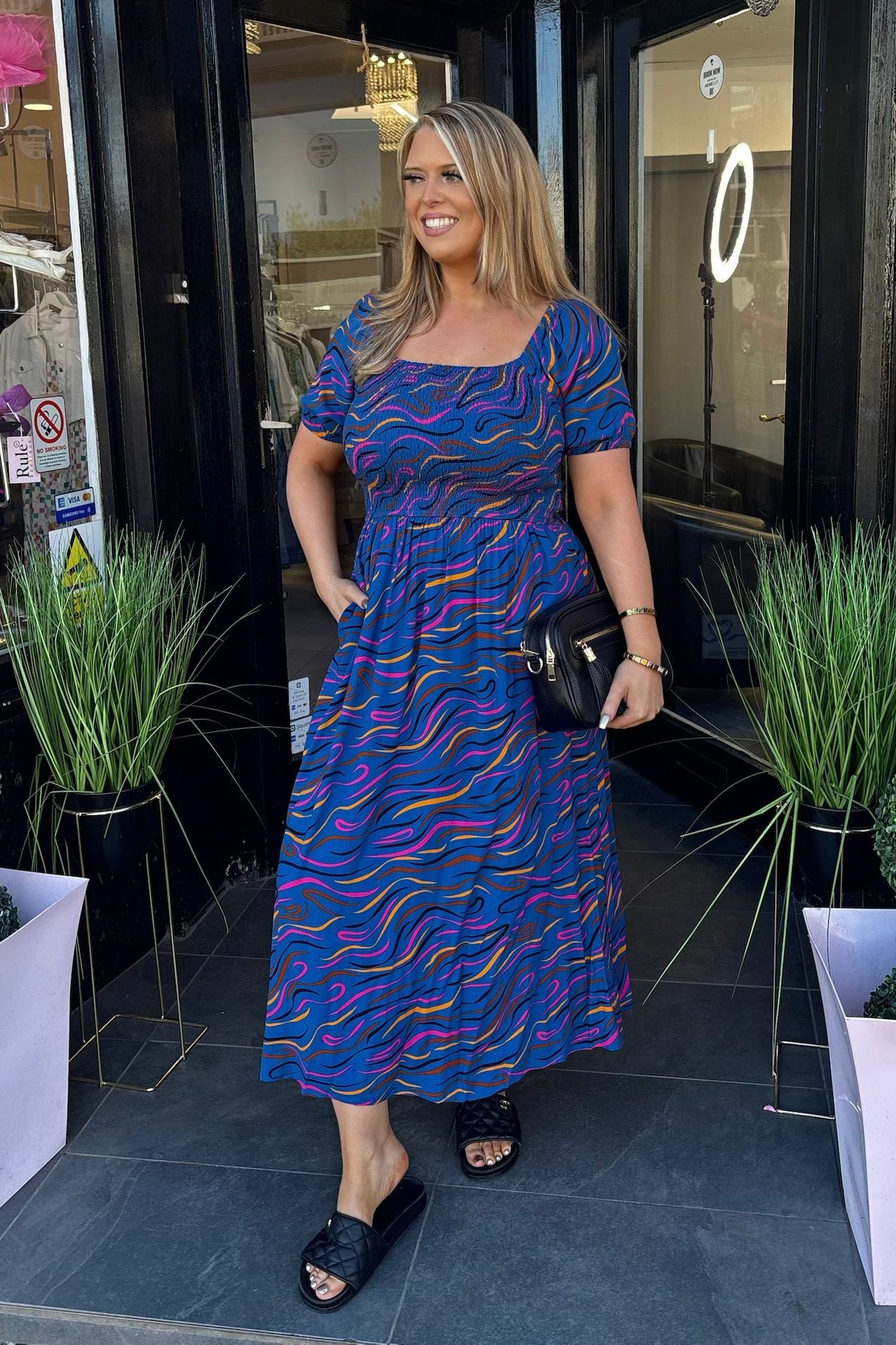 Sugarhill Brighton Mixed Blue & Pink Multi Abstract Shirred Midi Dress
