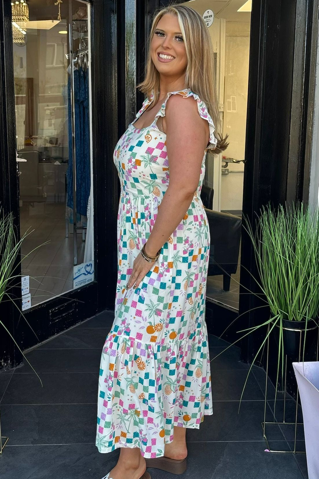 Sugarhill Brighton Mixed Checkerboard & Fruit Design Midi Dress