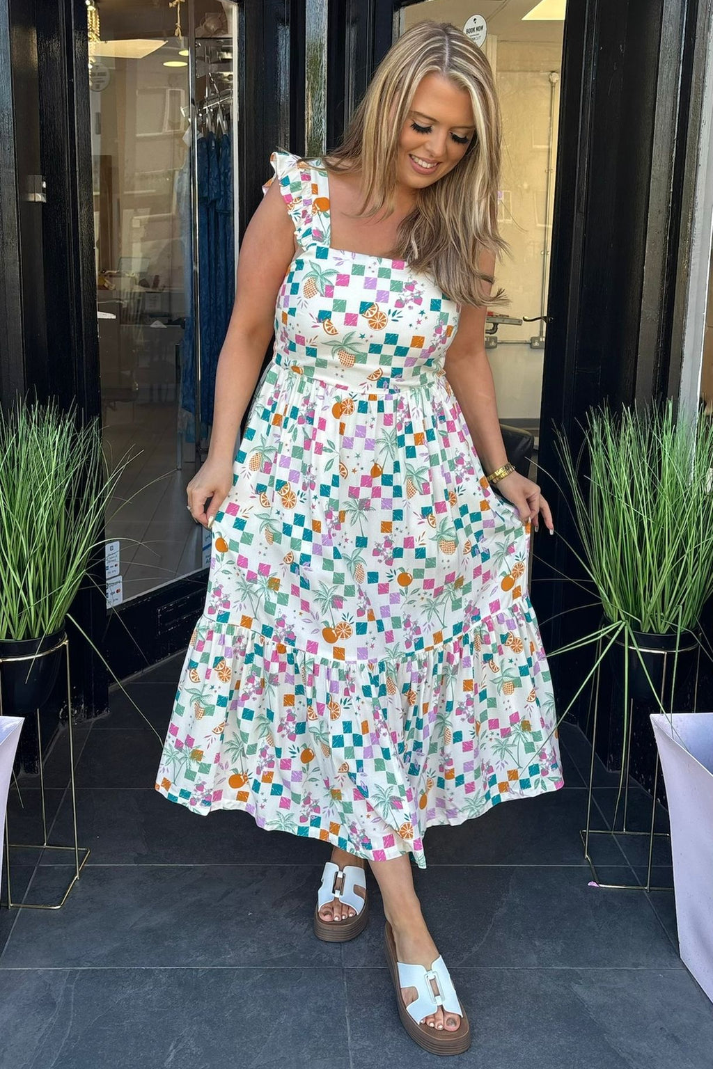 Sugarhill Brighton Mixed Checkerboard & Fruit Design Midi Dress
