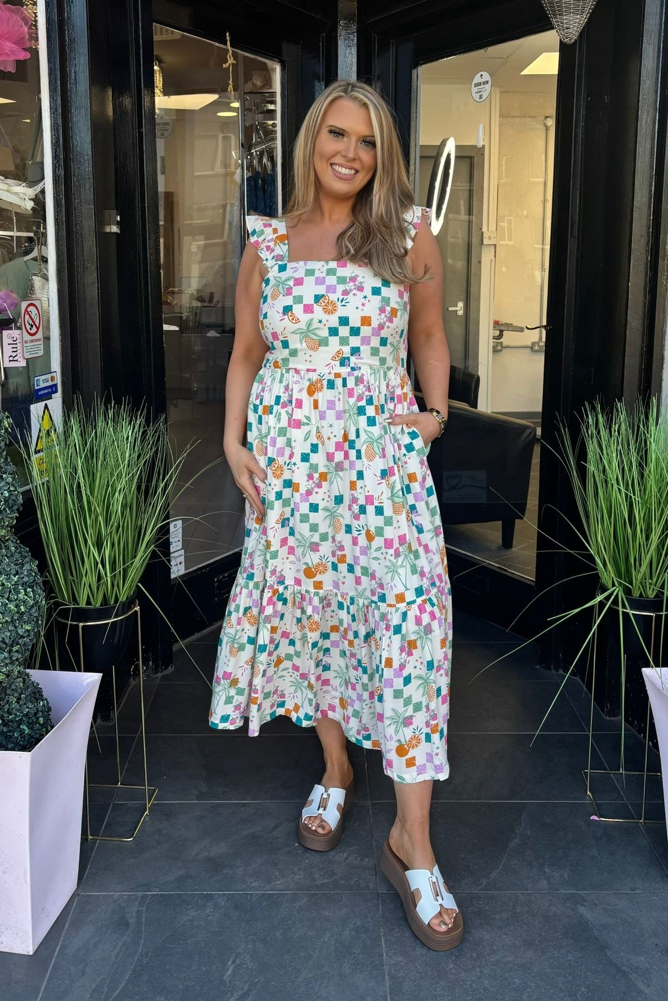 Sugarhill Brighton Mixed Checkerboard & Fruit Design Midi Dress
