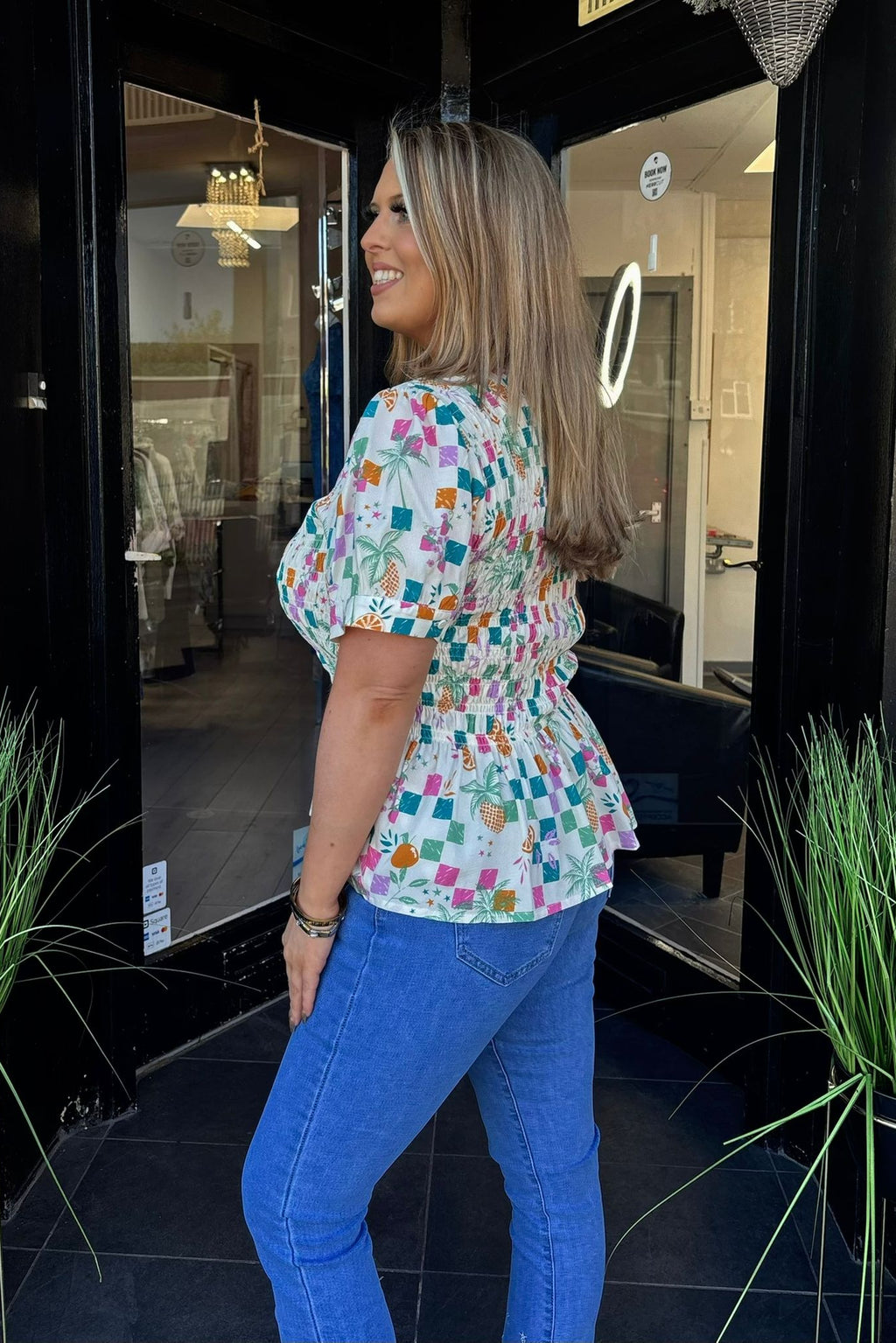 Sugarhill Brighton Mixed Fruit Checkerboard Shirred Top